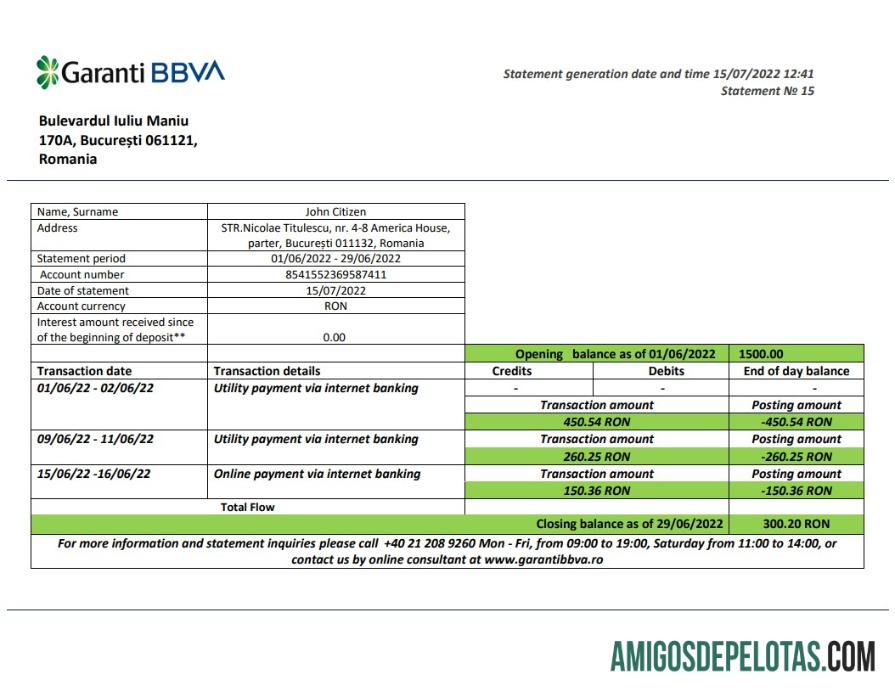 Romania Garanti BBVA modelo de extrato bancário